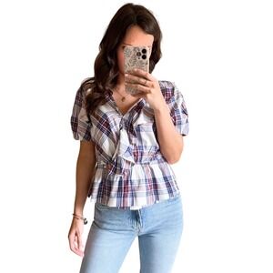 Free Assembly Womens XL Plaid‎ Print Twist Front Peplum Blouse Top